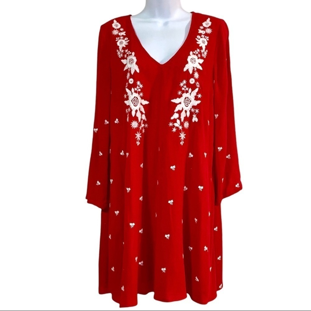 Sugar+Lips Red Embroidered V-neck Boho Mini Dress Tunic Top Medium